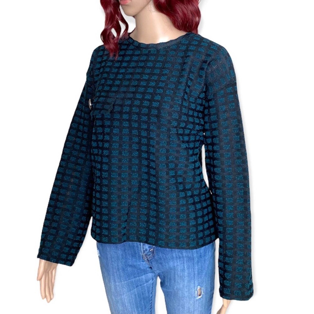 Zara Womens Checkered Boxy Pullover Top Medium Black Green Long Sleeve Loose Fit